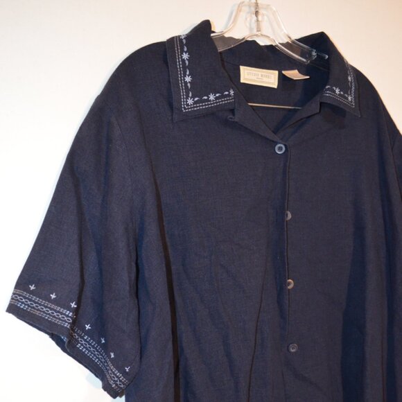 STUDIO WORKS Woman Linen-Rayon Navy Blue Button-Down Shirt Embroidery 2X - Picture 3 of 9